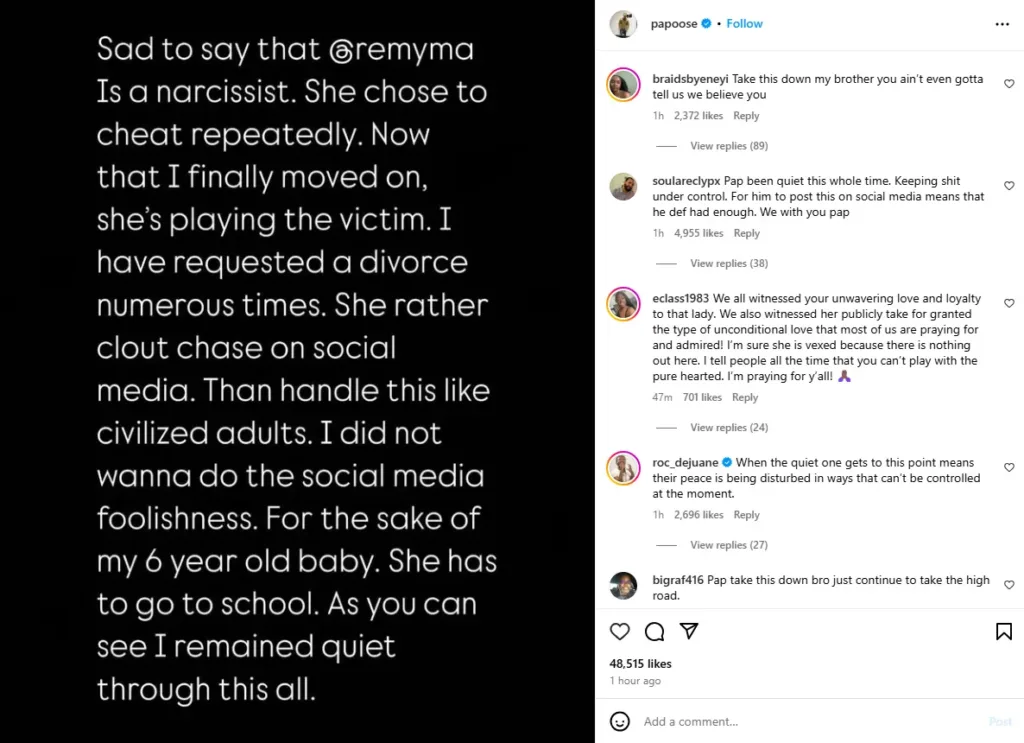 Papoose Responds to Remy Ma Citing Multiple Divorce Attempts Infidelity miixtapechiick
